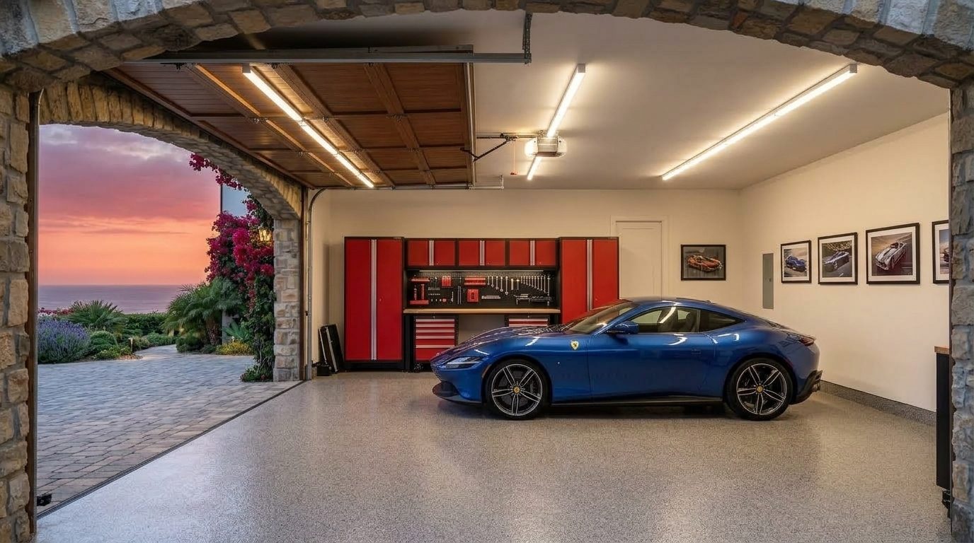 Perron Garage Door Service Interior View of Custom Garage Door Overhead and Workshop